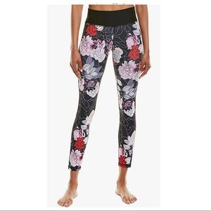 BEBE SPORT Women's Side Stripe Leggings Black/Rose Flower Power Med EUC